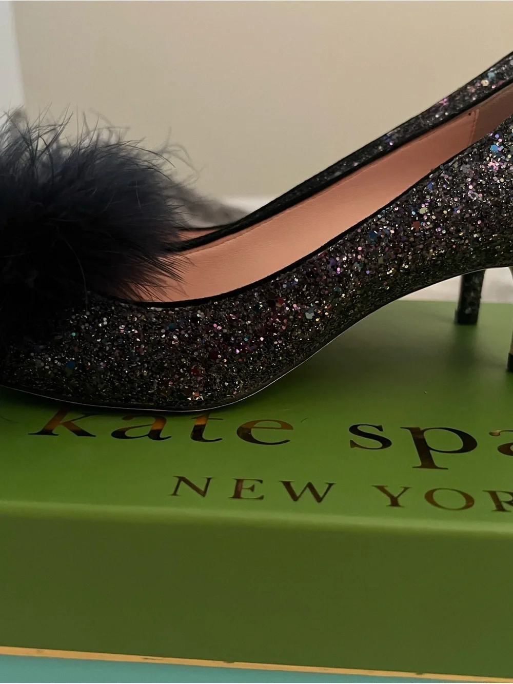 kate spade Navy Glitter Pointed Toe Pom-Pom Flats